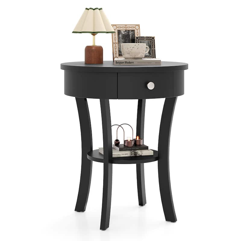 Costway 2-tier Side End Sofa Table Round Nightstand for Bedroom Living - Black - 1 PCS