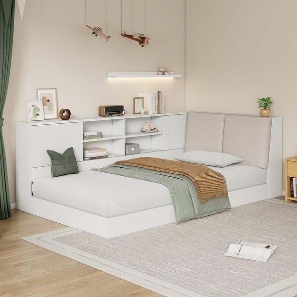 Wooden Floor Corner Bed with Storage Bookcase, Upholstered