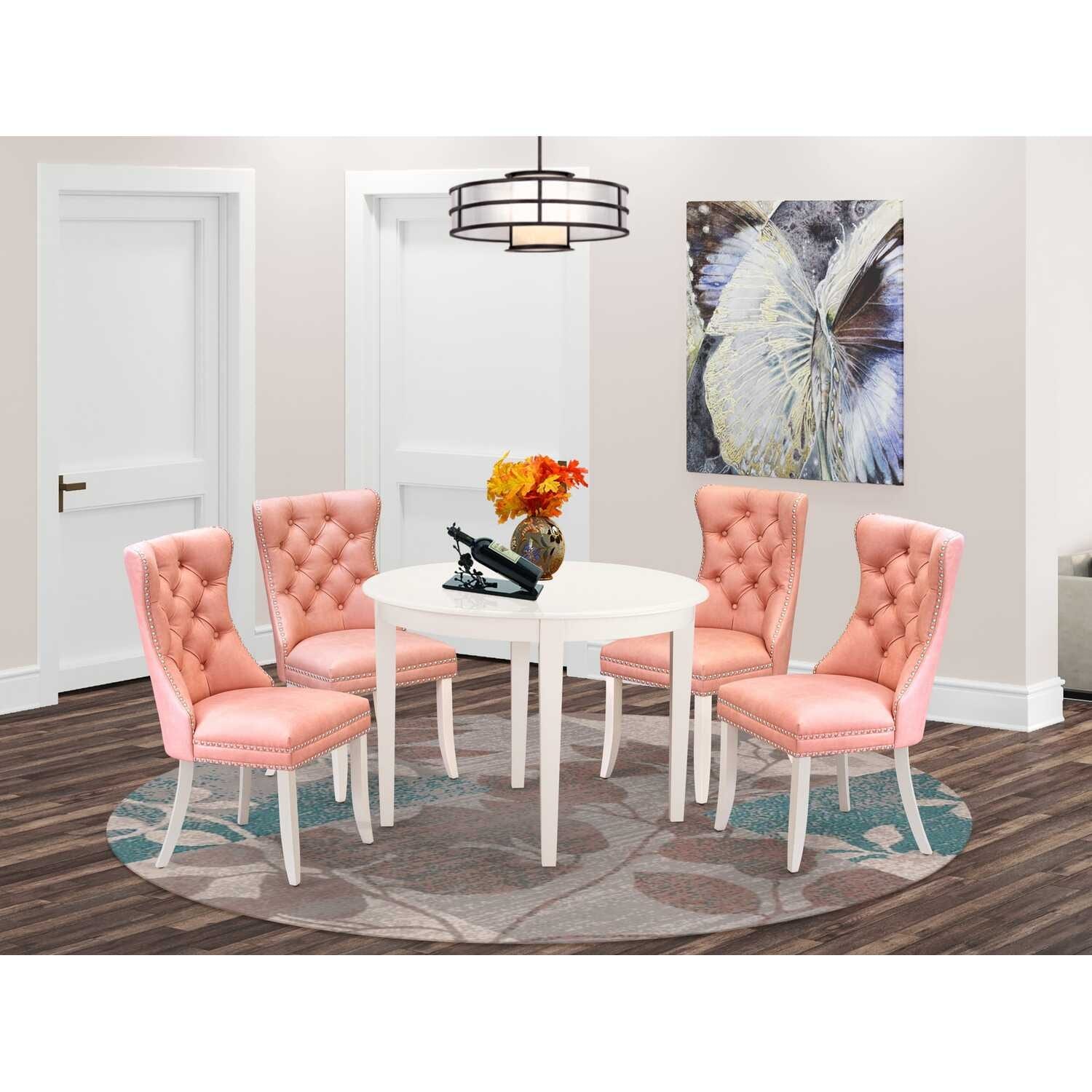 5-Piece Linen White Solid Wood Top - Round Upholstered Dining Room Set - Seats-4