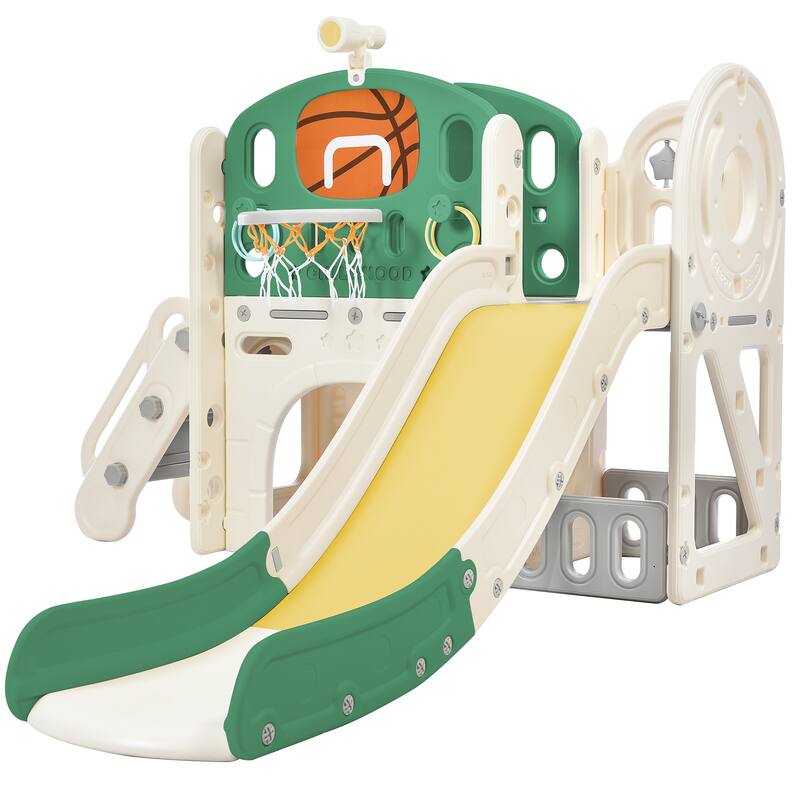 Climbing Crawling Playhouse Freestanding Arch Tunnel With Slide Ring Toss Basketball Hoop Toy Storage Organizer