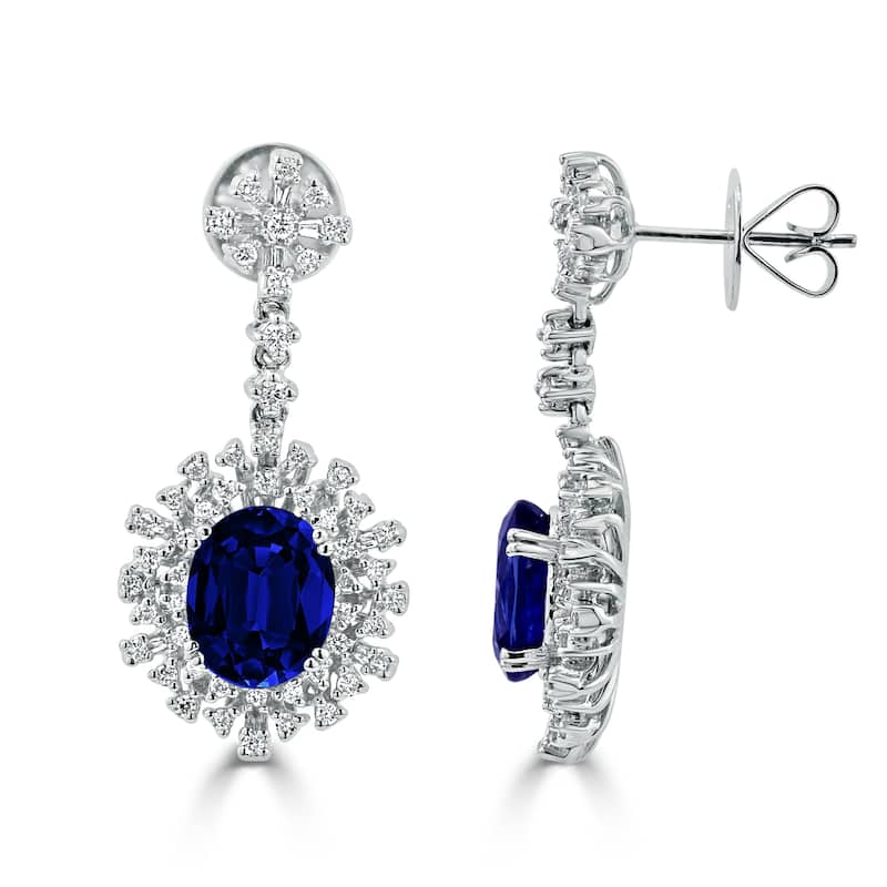 Auriya Fancy 7 5/8ct Blue Sapphire Oval and 1 1/3ctw Diamond Halo Dangle Earrings 18k Gold
