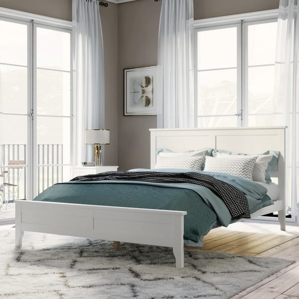 slide 2 of 7, Full Size Modern Solid Wood Platform Bed with Tapered Legs and Elegant Slat Design Headboard White