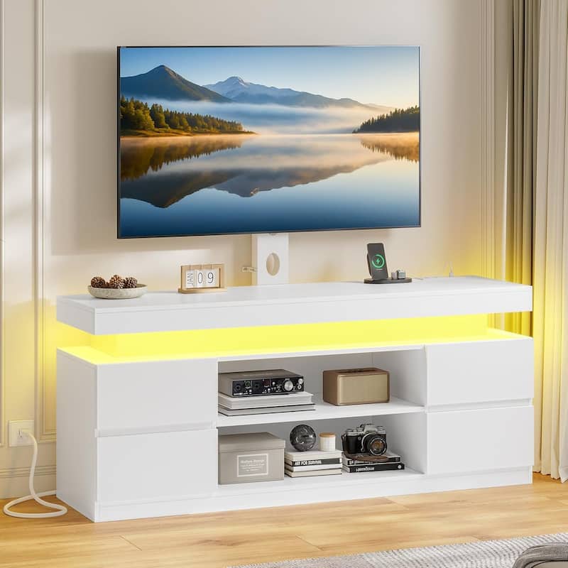 LED TV Stand with Mount Power Outlet TV Mount for 32 to 75 in TVs Drawers - White - 4 Drawers