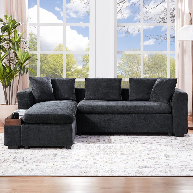 L-Shaped Sectional Sofa with Chaise Lounge, Chenille Upholstered Sleeper Couch with Wooden Storage Compartment & Throw Pillows