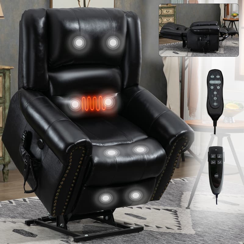 Genuine Leather Electric Lift Recliner with Dual Motors, 8-Point Massage, Heating, USB Charging, and Infinite Recline