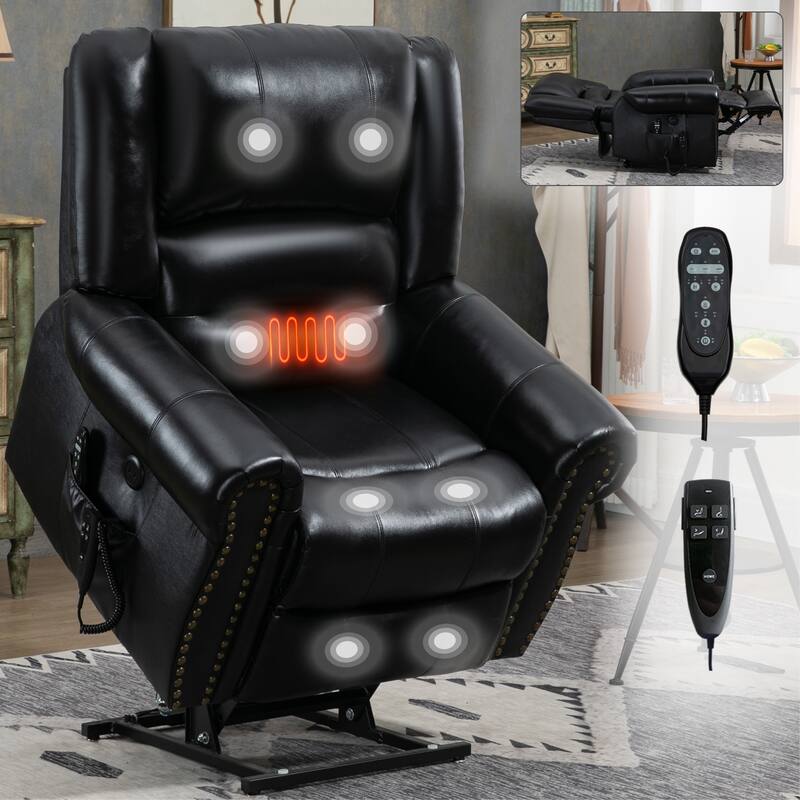 Power Lift Recliner Chair Heat Massage Dual Motor,Leather, Heavy Duty Motion Mechanism with USB Ports - Black