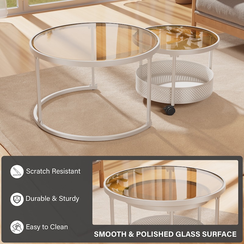 Meyreso No Assembly Required Long Plush L-Shaped Sectional Sofa with Round Nesting Coffee Tables