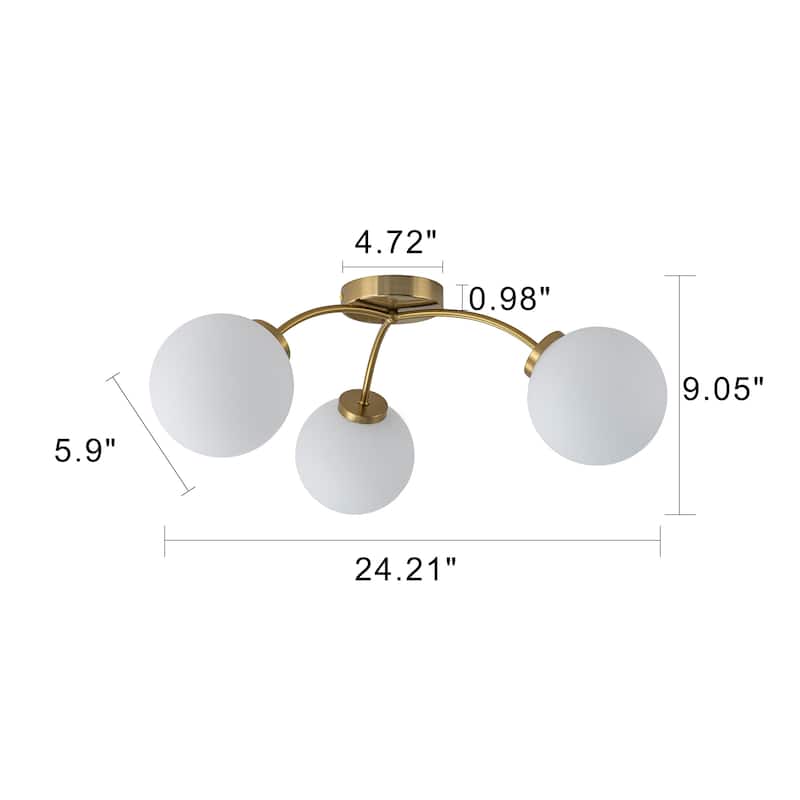 6-Light Brass Semi-Flush Mount Ceiling Light with Opal Glass Shades - 24.2-in W x 9.05-in H
