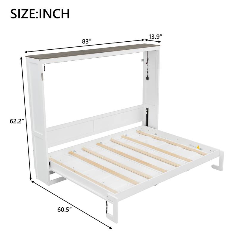 Roomfitters Full/Queen Size Murphy Bed with Desk, LED Light and Hydraulic Lift, Cabinet Design