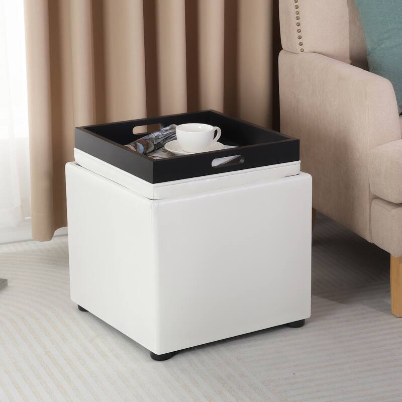 Adeco Storage Ottoman With Tray - White-Faux-Leather