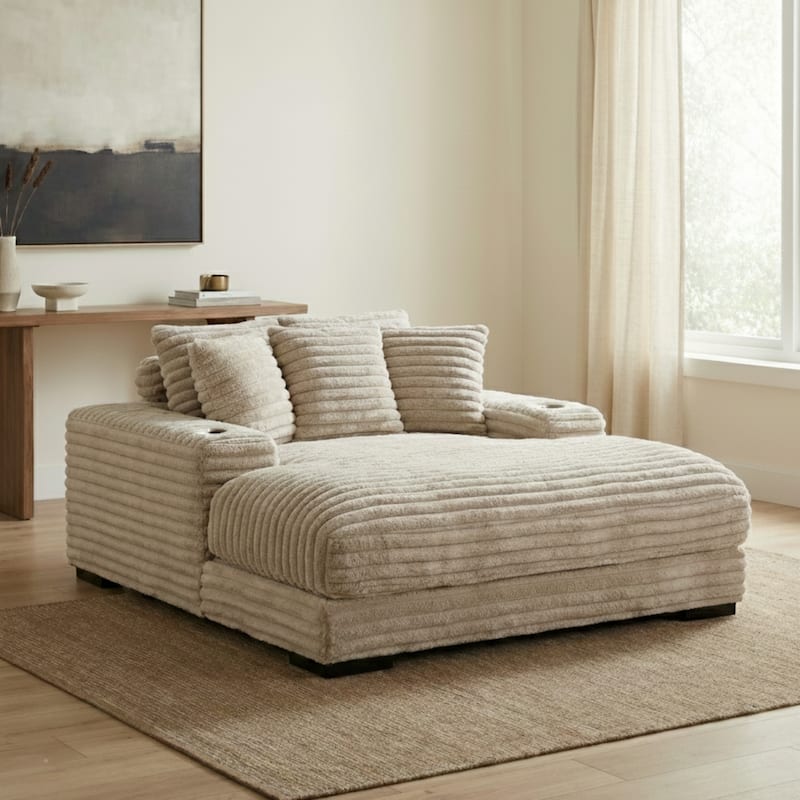 Cocoon Faux Fur Corduroy Oversized Chaise Lounge with Cupholders and USB/USB-C - Taupe