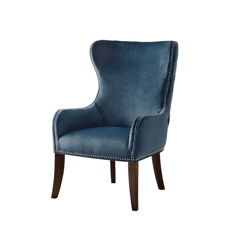 Roomfitters Wingback Accent Chair with Button Tufted Back, Upholstered Lounge Chair with Nailhead Trim and Solid Wood Legs, Blue
