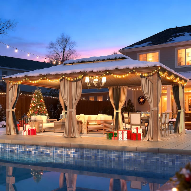 Outdoor Galvanized Steel Roof Gazebo Pergola w Wooden Coated Alumninum Frame, Privacy Curtains and Nettings Include - 12'x16'Single - Rain Gutter