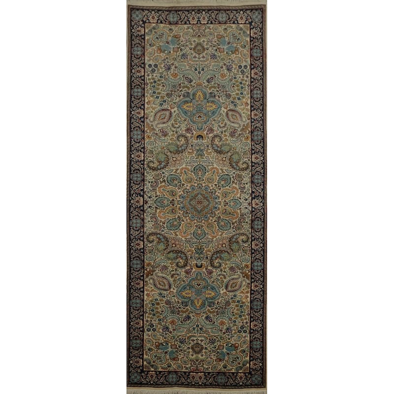 Hand Knotted Oriental 100% Wool Carpet Traditional Floral Beige & Ivories Qum Runner Rug - 9' 3'' X 3' 2''
