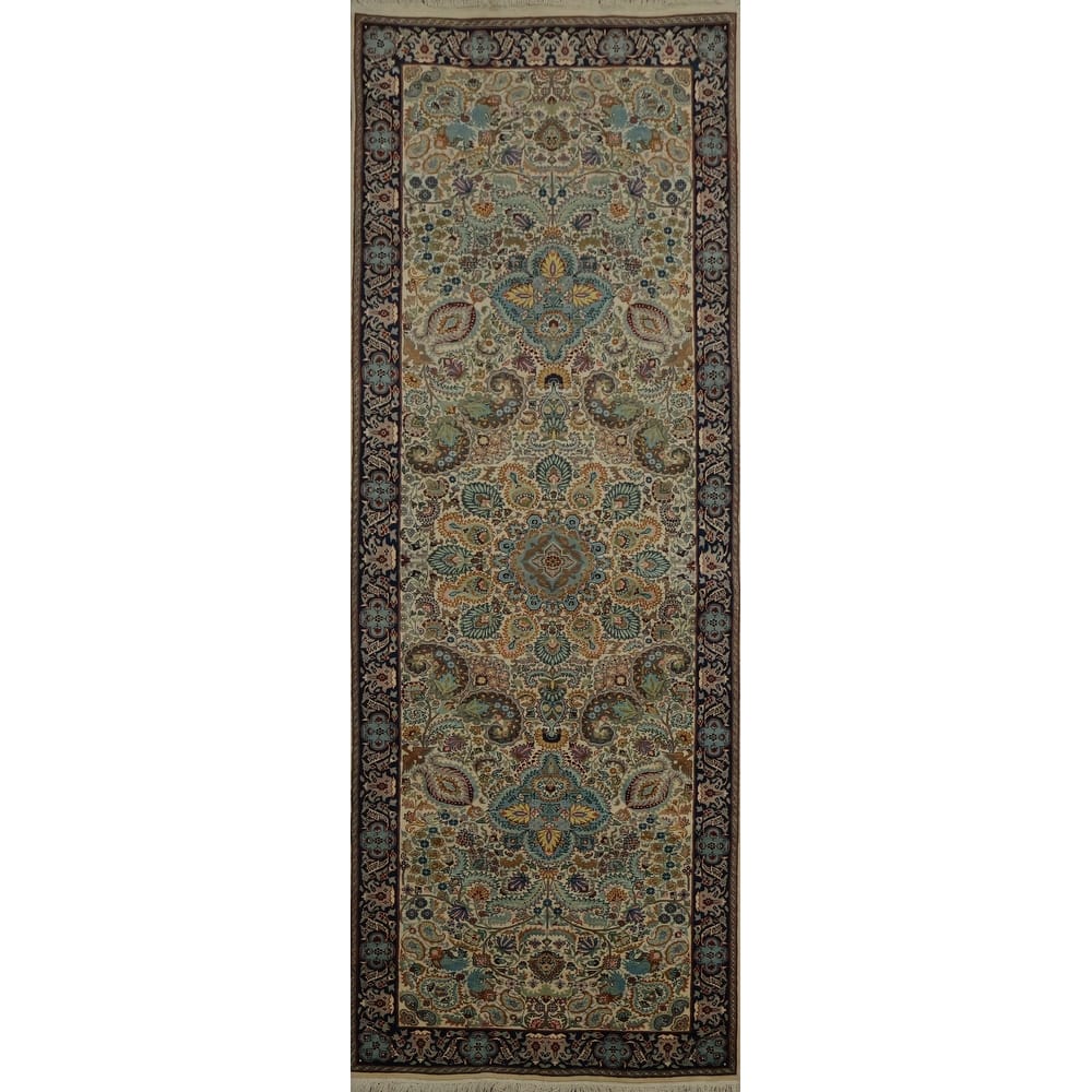 Hand Knotted Oriental 100% Wool Carpet Traditional Floral Beige & Ivories Qum Runner Rug - 9' 3'' X 3' 2''