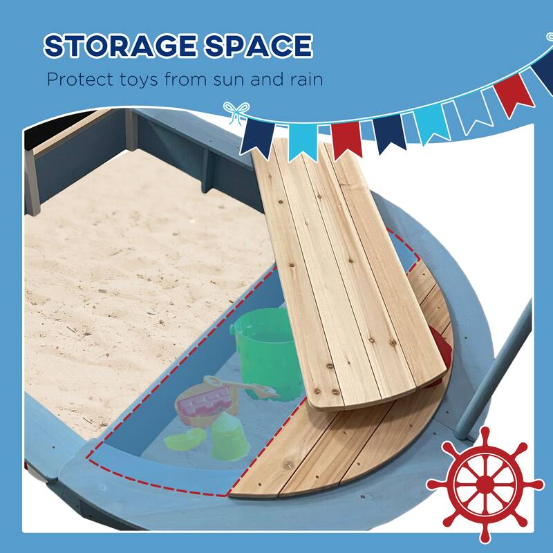 Blue Pirate Ship Kids Sandbox with Seats Storage and Fir Wood Construction for Ages 3 to 7 Years - 68" L x 44" W x 39.25" H