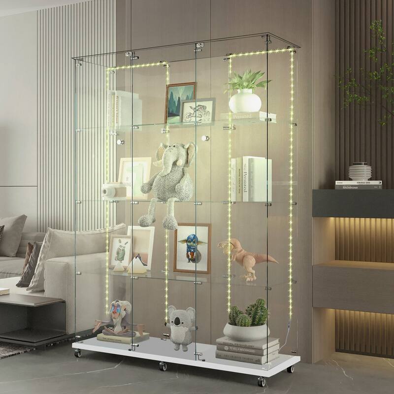 Tempered Glass Display Cabinet, File Cabinet with Bluetooth LED Light Strips,Tempered Glass Top, Lock on Door Wheels