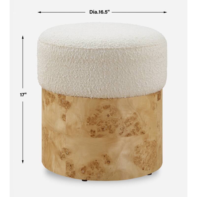 Boucle Upholstered Ottoman with Burl Veneer Wrap - 17" - White and Brown