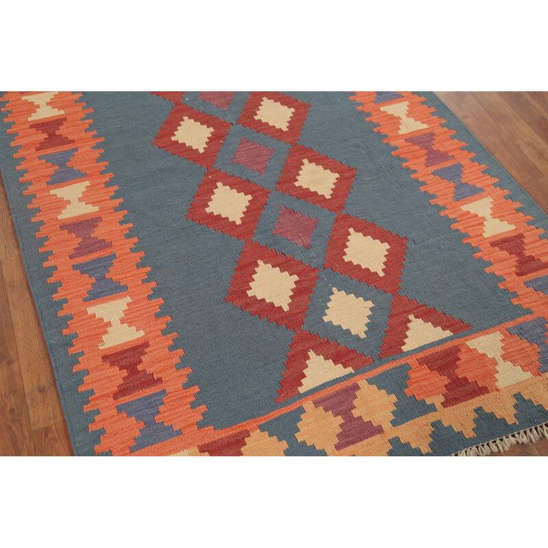 Geometric Blue Flat Weave Kilim Persian Rug Hand-Knotted Wool Carpet - 4'2"x 5'8"