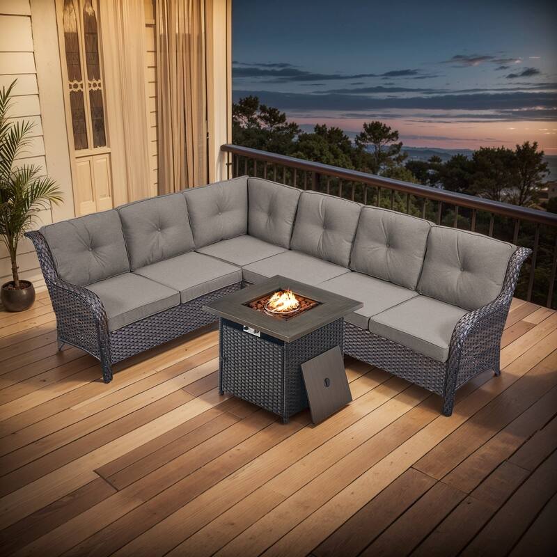 Outdoor 2 Sectional Sofa with Fire Pit Table Set - Sectional Sofa with Square Fire Table - Brown Rattan - Grey Cushion