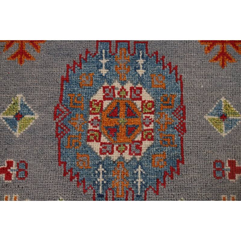 Gray Geometric Kazak Runner Rug Handmade Hallway Wool Carpet - 2'7" x 9'9"