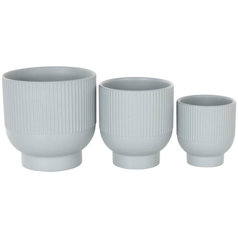 Ceramic Indoor Outdoor Planter with Linear Grooves and Tapered Bases - Set of 3 Black, Light Blue, White - Roche River Decor