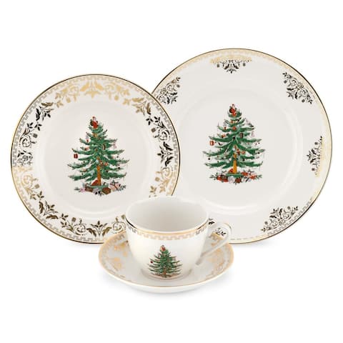 Spode Christmas Tree Gold Collection 4-Piece Place Setting - Dinner Plate 10 in, Salad Plate 8 in, Teacup 7 oz