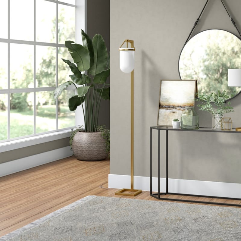 Modern 68" Arched Floor Lamp with Brass Base and Glass Shade