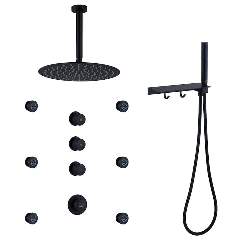 CASAINC Thermostatic 12 inch Rainfall Showerhead with Handheld Spray & 6 Body Jets Set(Can All Run Together) Rain Shower System