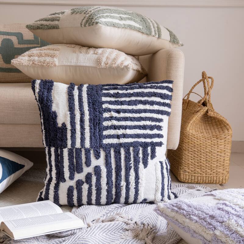 Handwoven Abstract Striped Shag Throw Pillow Cover - 22" - White and Navy Blue