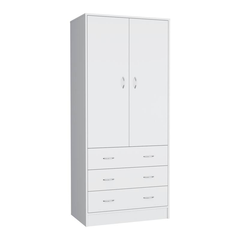 19" Modern Double-door Armoire with 3 Drawers and 1 Hanging Rod for Bedroom - White