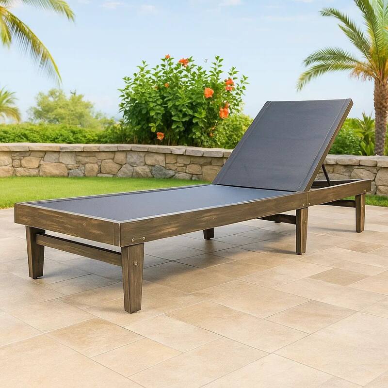 Liam Outdoor Chaise Lounger, 78 Inch Mesh Seat, Dark Gray Acacia Wood Frame