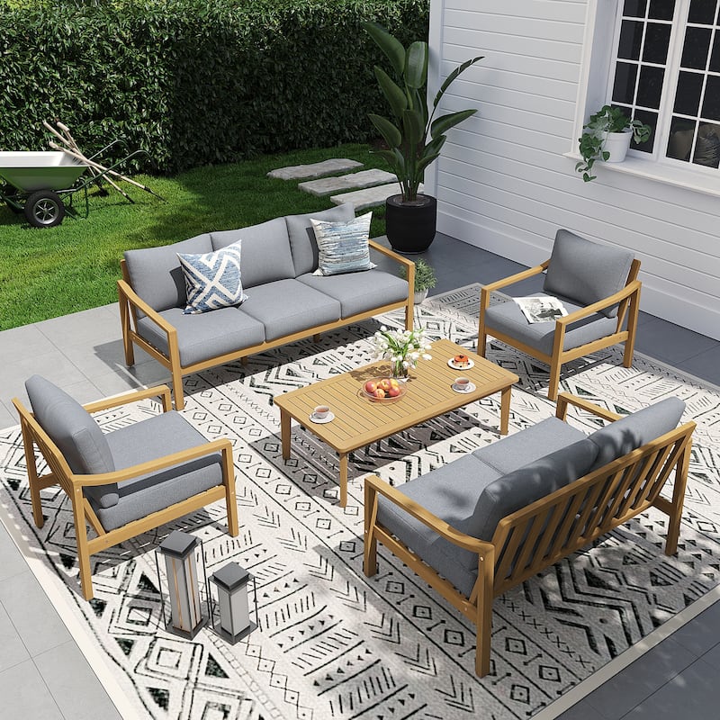 Outdoor 5 Piece Wooden Chair Set With Table And Cushion