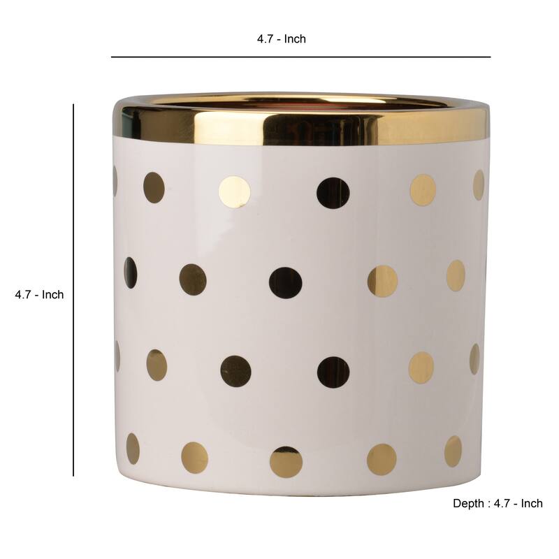 Ceramic Cylindrical Planter with Polka Dots Pattern, White and Gold