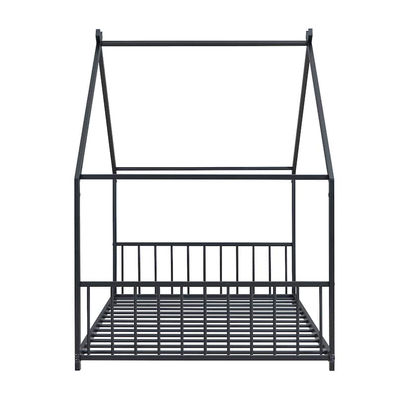 Metal House Bed with Roof, Fence, and Back