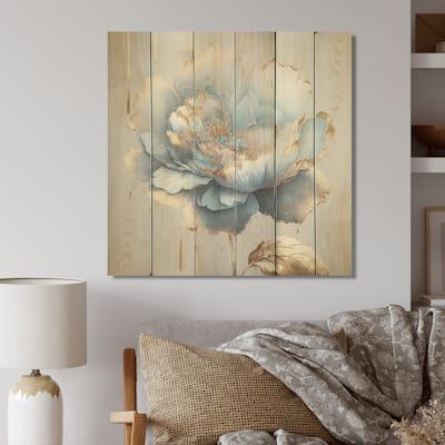 Designart 'Chic Blue Blooming Flower II' Floral Wood Wall Art - Natural Pine Wood