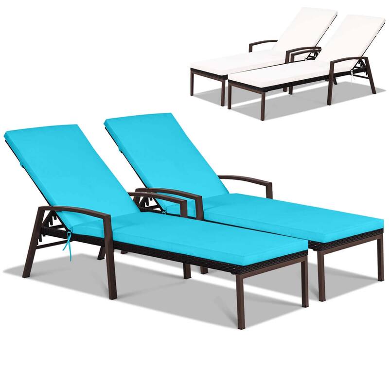 2 PCS Patio Rattan Chaise Lounge Chairs w/ 2 color Cushion Cover - Turquoise+White