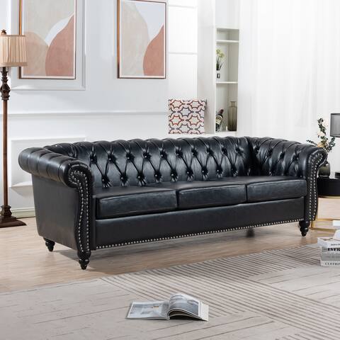 Luxury PU Leather Three Seater Sofa, 84" Traditional Rolled Arm Chesterfield Sofa with Wood Legs and Nailheads