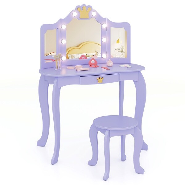 Purple Vanity Set with Tri-fold Lighted Mirror Detachable Top and