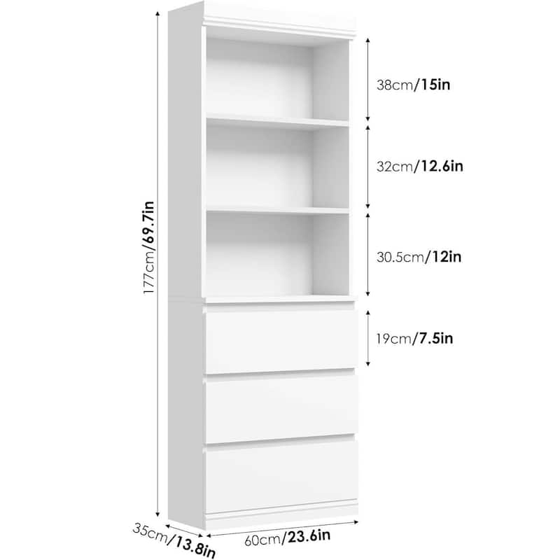 70 Inch Freestanding Modern Tall Bookcase with 3 Drawers - N/A