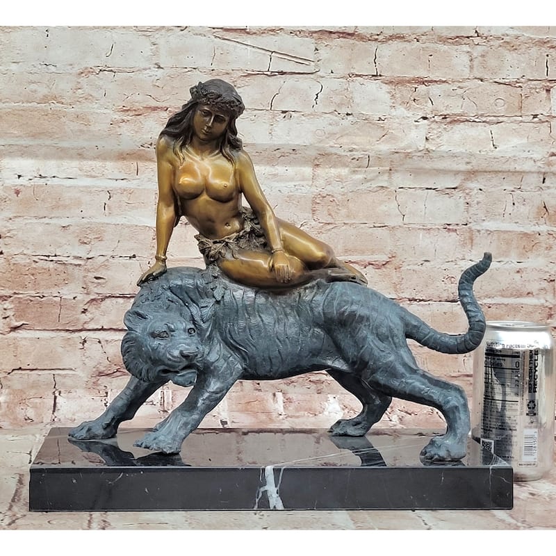 Bronze Jungle Girl Reclining On Tiger Sculpture – Art Deco Style