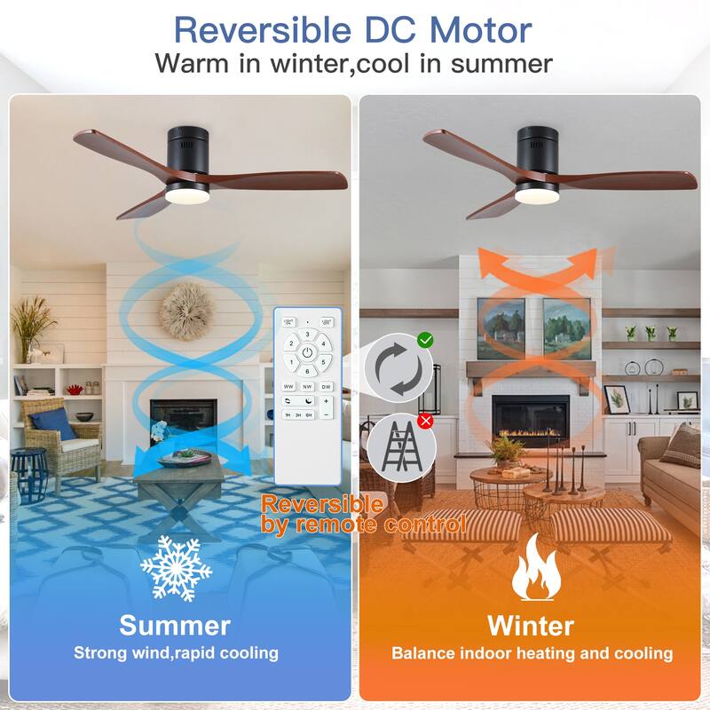 52In. Farmhouse Indoor Flush Mount Low Profile Ceiling Fan with Solid Wood Blades and Remote Control