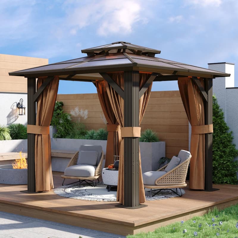 Hardtop Gazebo, Aluminum Frame Permanent Pavilion with Curtains and Netting