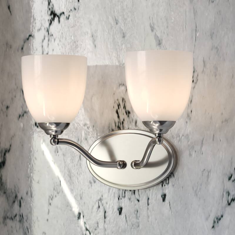 Bellwood Traditional Bathroom Vanity Wall Lighting Fixture, Glass Shade, Dimmable, LED Compatible, Over the Mirror Mount - Satin Nickel - 13.5-in W x 9.75-in H x 8-in D