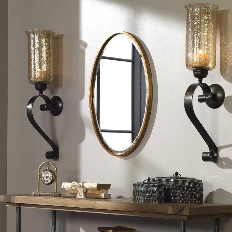 28" Arletta Oval Beveled Wall Mirror w Narrow Plated Gold Finish Frame