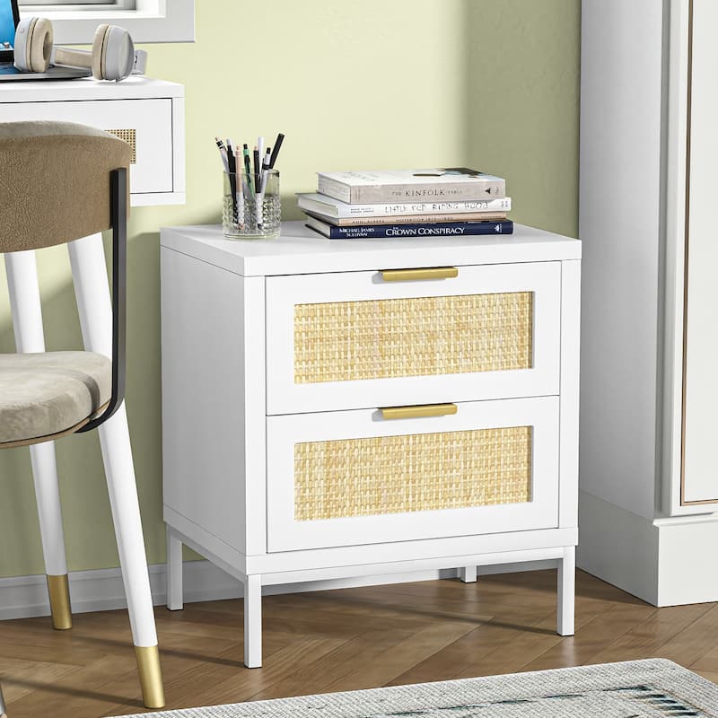 Anmytek Modern 2-Drawer Rattan White Nightstand Sofa End Table with Storage for Bedroom