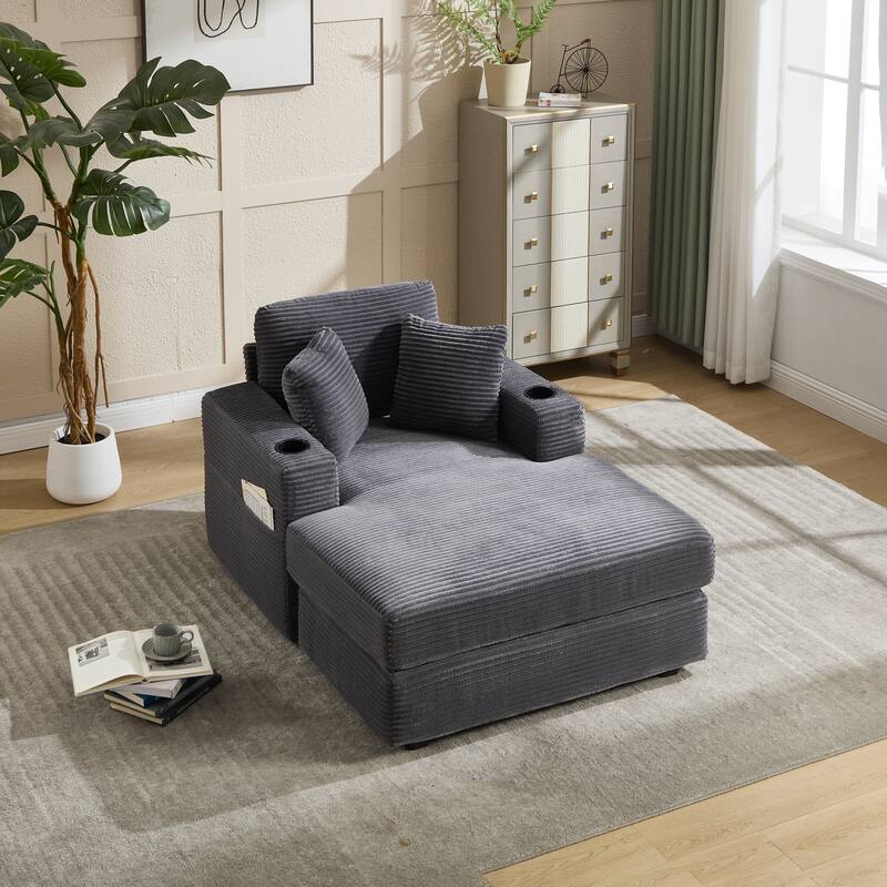 Corduroy Upholstered Chaise Lounge Sofa,Magazine bag,Detachable Cushions Deep Seat,3 colour