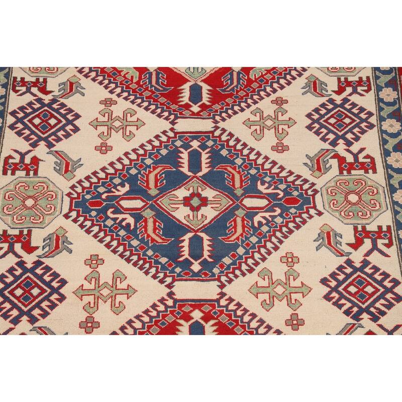 Beige / Ivory Traditional Kazak Oriental Rug Hand-Knotted Wool Carpet - 6'7" x 9'8"