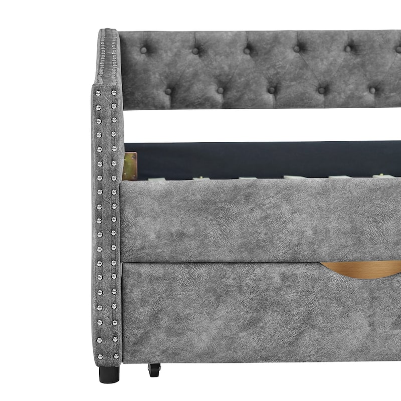 Mid-Century Linen Upholstered Daybed Platform Bed Frame with Storage Drawers, Button Tufted Back and Nailhead Trim Arms