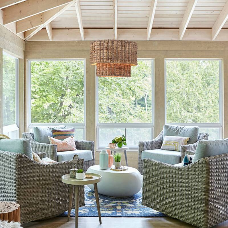 5-Light Farmhouse 2-Tier Candlestick Hanging Linear Chandelier Lighting with Rattan Cover for Dining Room Kitchen Island